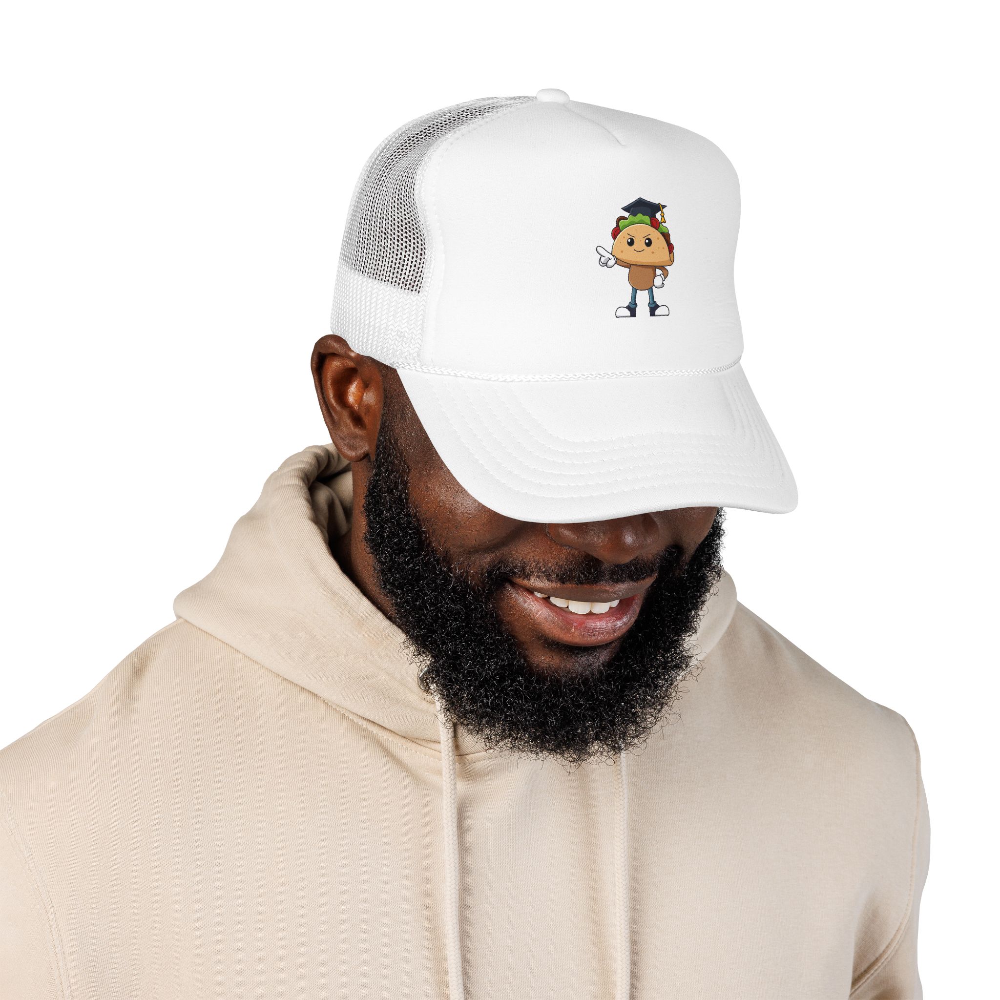 Taco Character Trucker Hat — Cute Dabbing Taco Foam Trucker Cap - Image 7