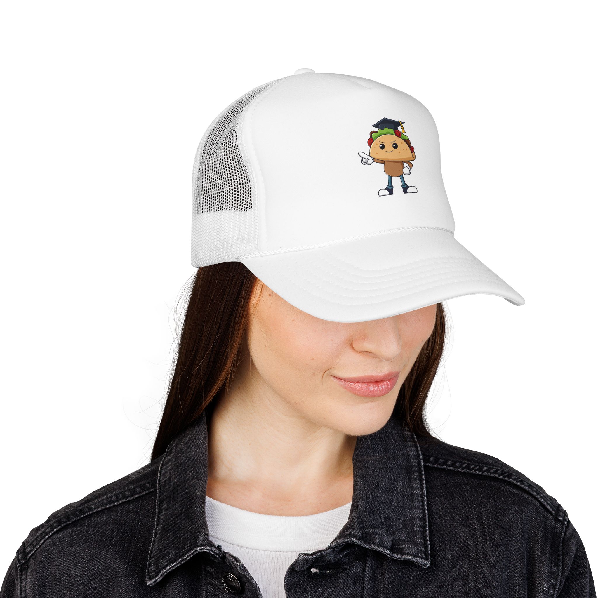 Taco Character Trucker Hat — Cute Dabbing Taco Foam Trucker Cap - Image 8
